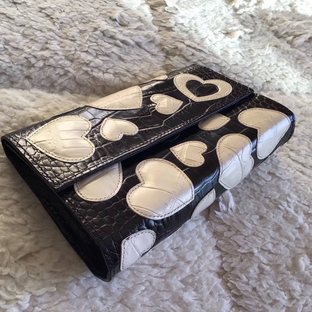 Brighton Black Croc-Embossed Clutch with White Heart Appliqués